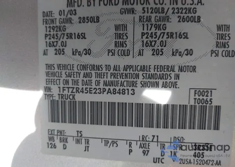 2003 Ford Ranger Edge/Xlt from USA, damaged, VIN 1FTZR45E23PA84813